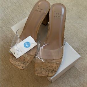 A New Day Tan Mules with Cork and Clear Design